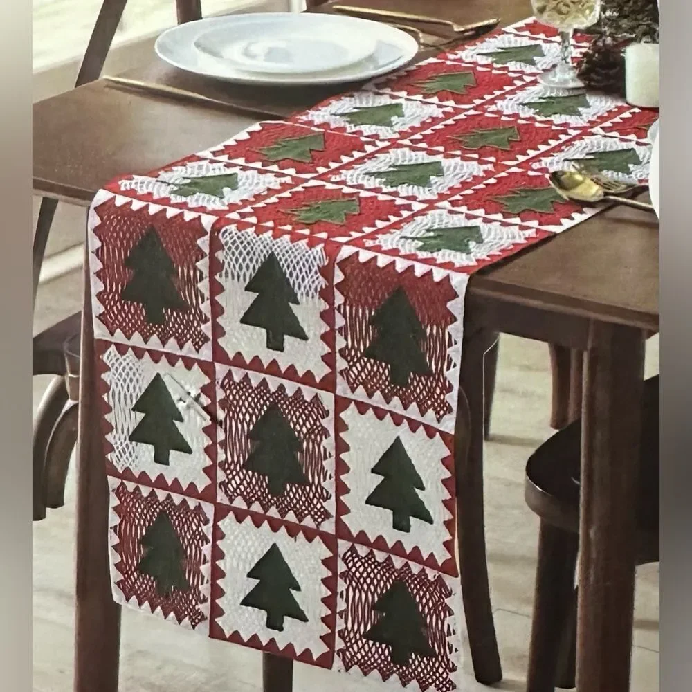 FARM FRESH White Green Red Crochet Christmas Tree Print Table Runner